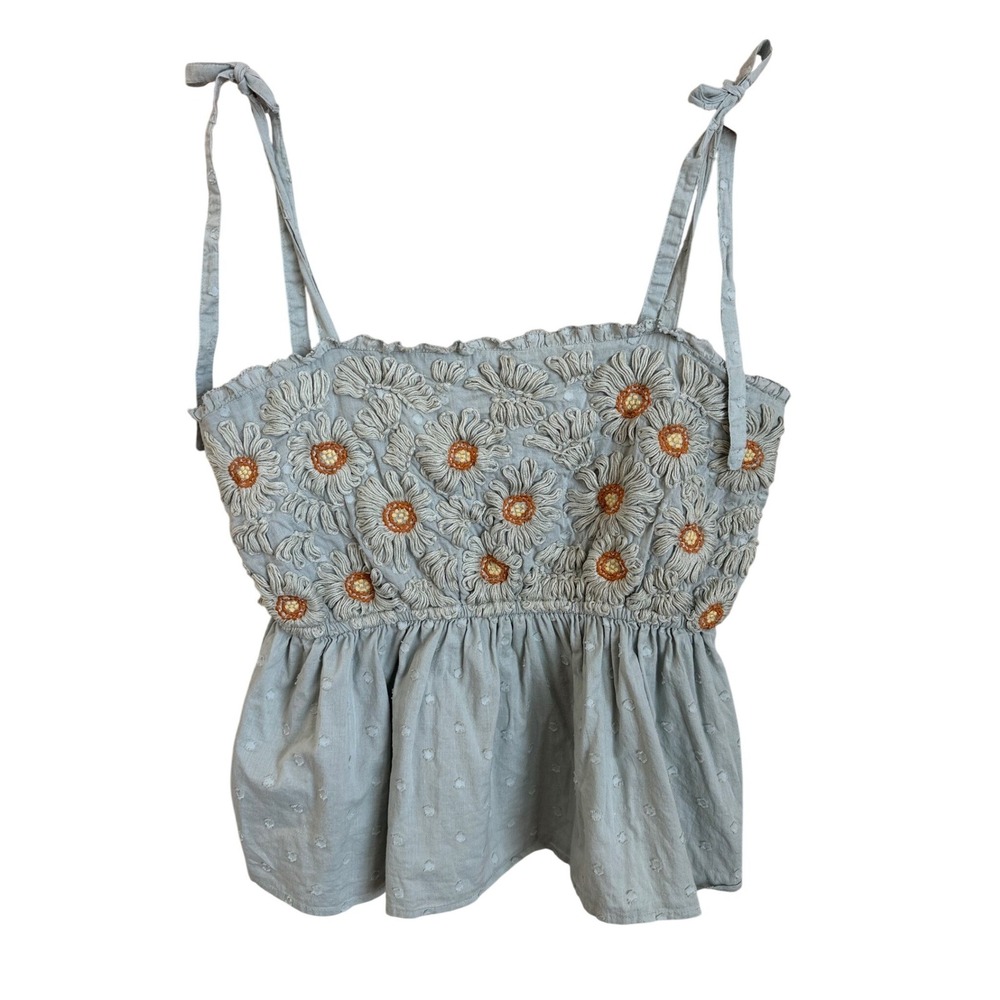 Anthropologie Forever That Girl Embroidered Tie Strap Peplum Tank Blue US 12
